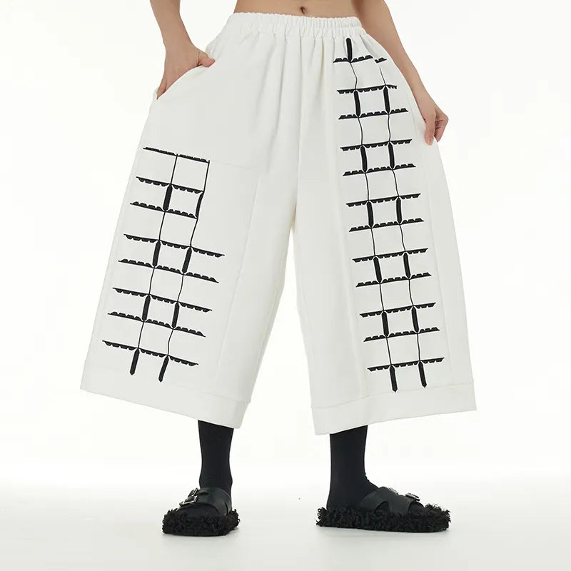 Product Title Elastic Waist Contrast Splicing Loose Cropped Wide-Leg Pants