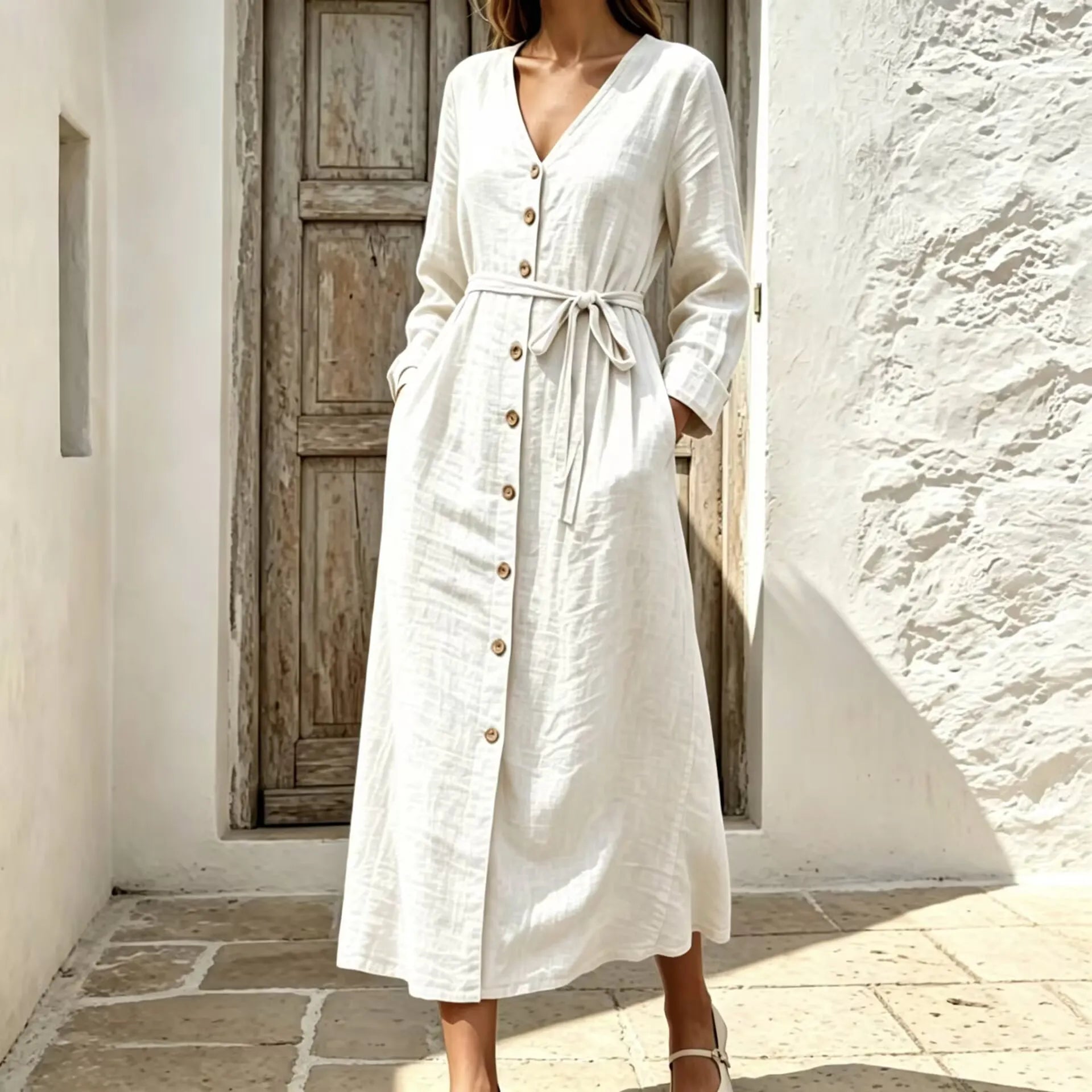 V Neck Long Sleeve Lace-Up Cotton Linen A-Line Maxi Dress