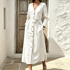 V Neck Long Sleeve Lace-Up Cotton Linen A-Line Maxi Dress