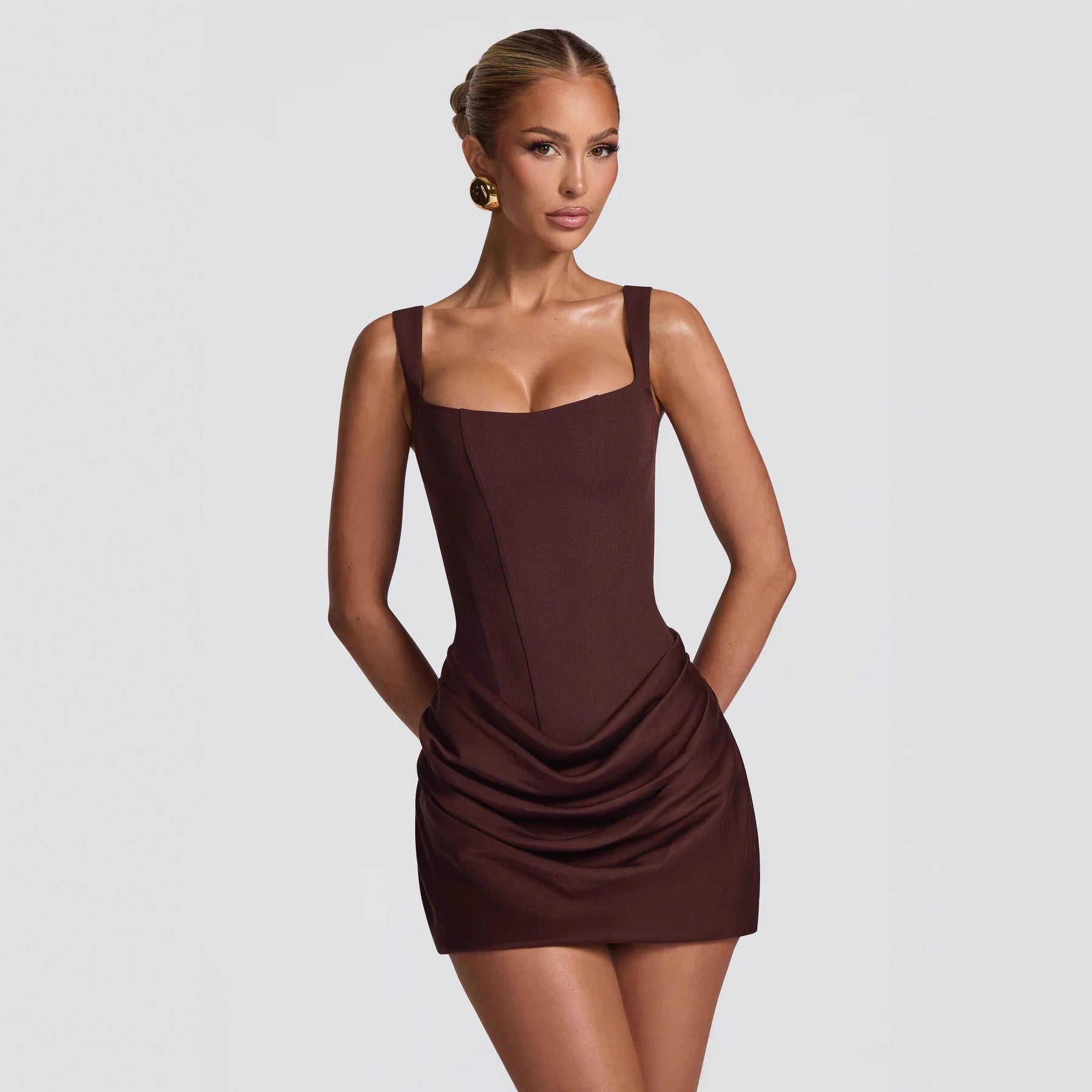Brown Square Neck Ruched Bodycon Mini Dress