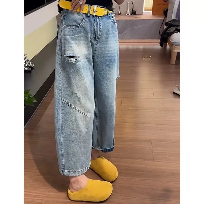 High Waist Ripped Nine Point Wide Leg Jeans