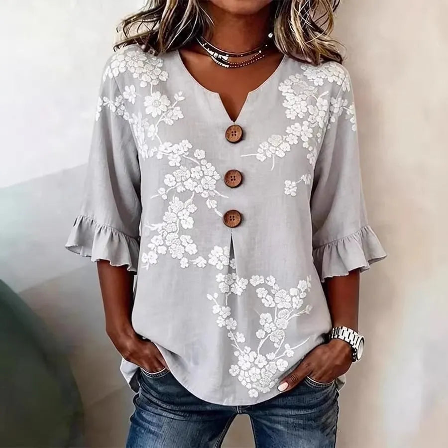 Round Neck Floral Printed Single Breasted 3/4 Ruffle Sleeve Loose Blouse