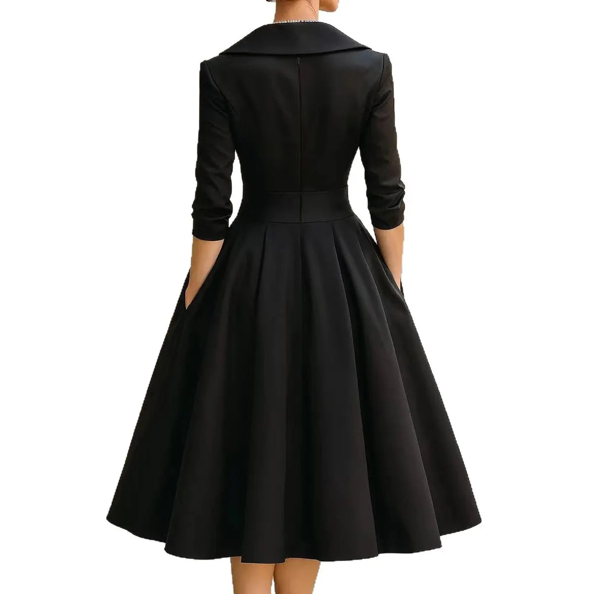 Lapel Collar Ruched Wrap Front 3/4 Sleeve A Line Midi Cocktail Dress