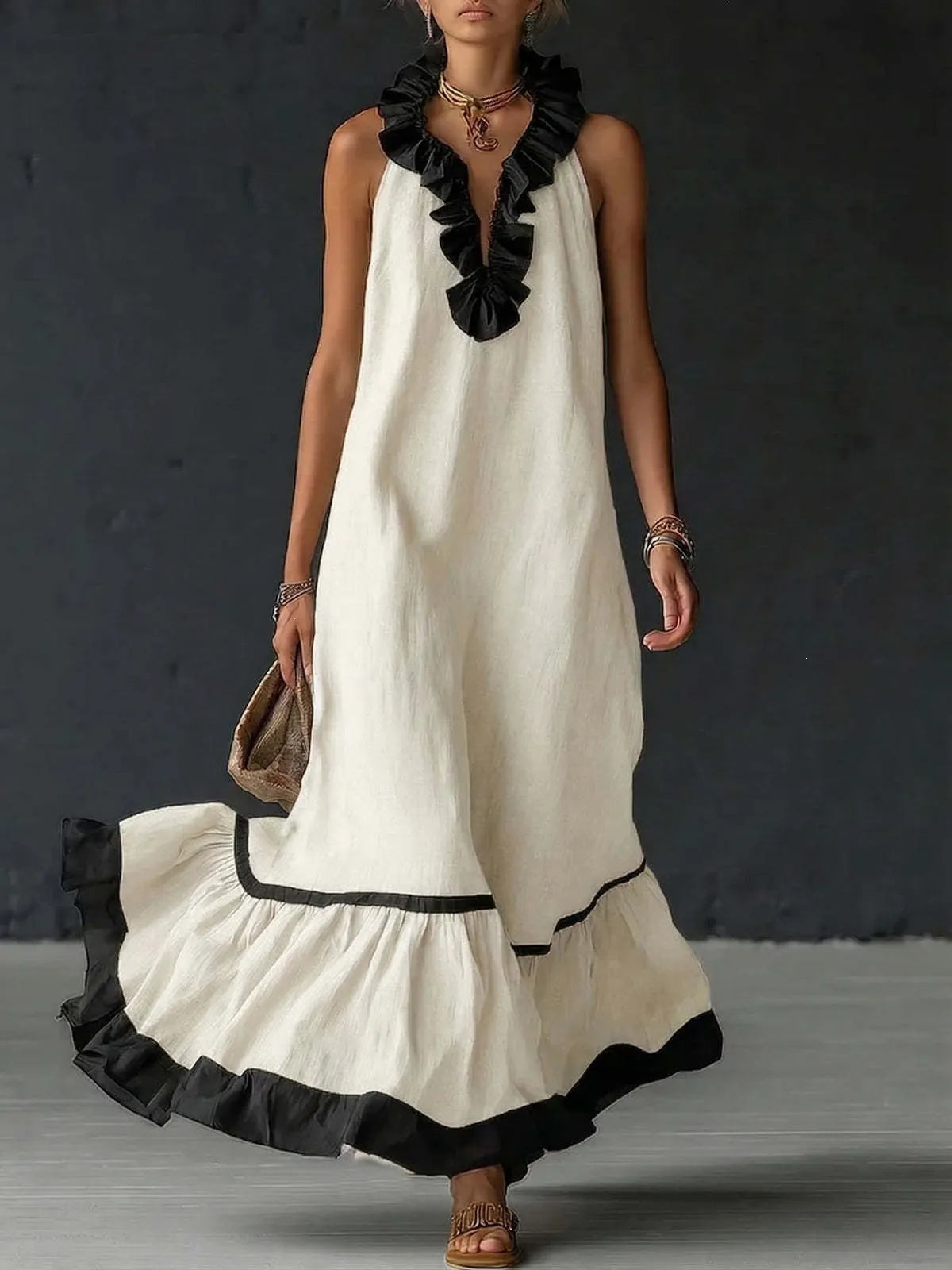 Contrast Ruffle V-Neck Sleeveless Maxi Dress