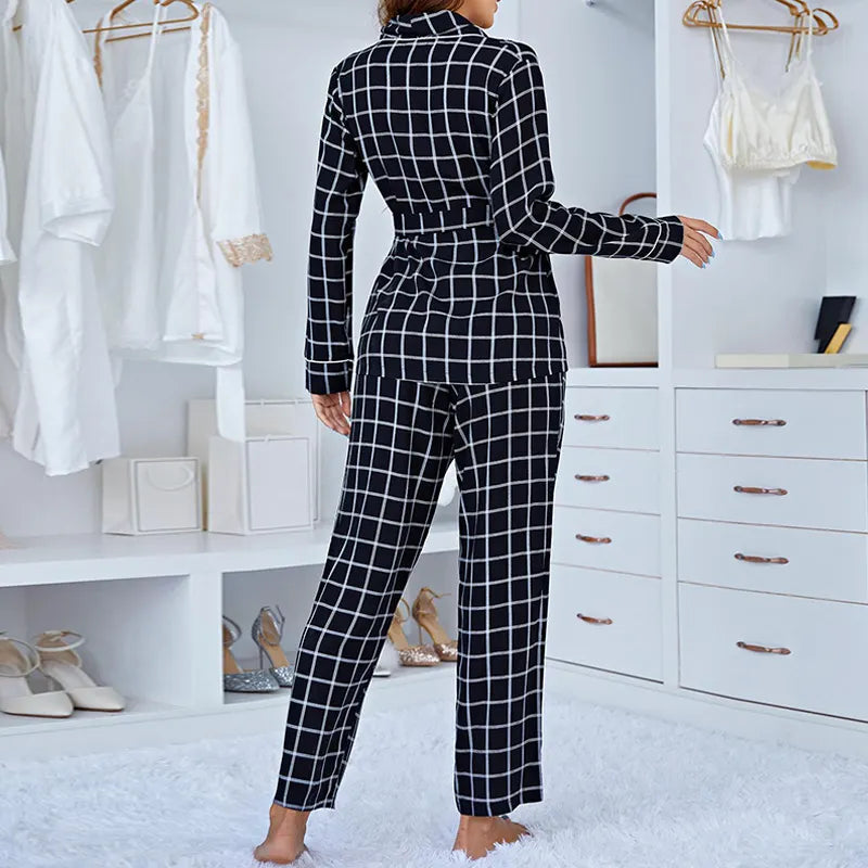 Grid Print Wrap Pajama Set Long Sleeve Belted Lapel Top & Long Pants Lounge Wear