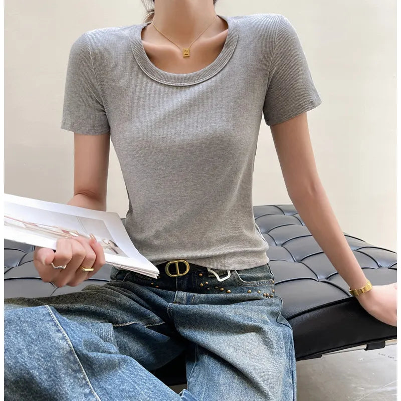 Solid Color Ribbed U-Neck Short Sleeve Loose T-Shirt