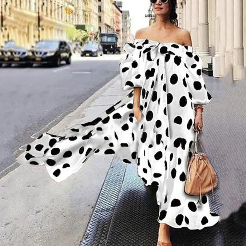 Off Shoulder Puff Long Sleeve Polka Dot Loose Swing Maxi Dress