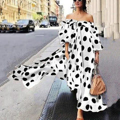 Off Shoulder Puff Long Sleeve Polka Dot Loose Swing Maxi Dress