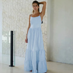 Solid Square Neck Spaghetti Strap Tiered Ruffle Cotton Maxi Dress