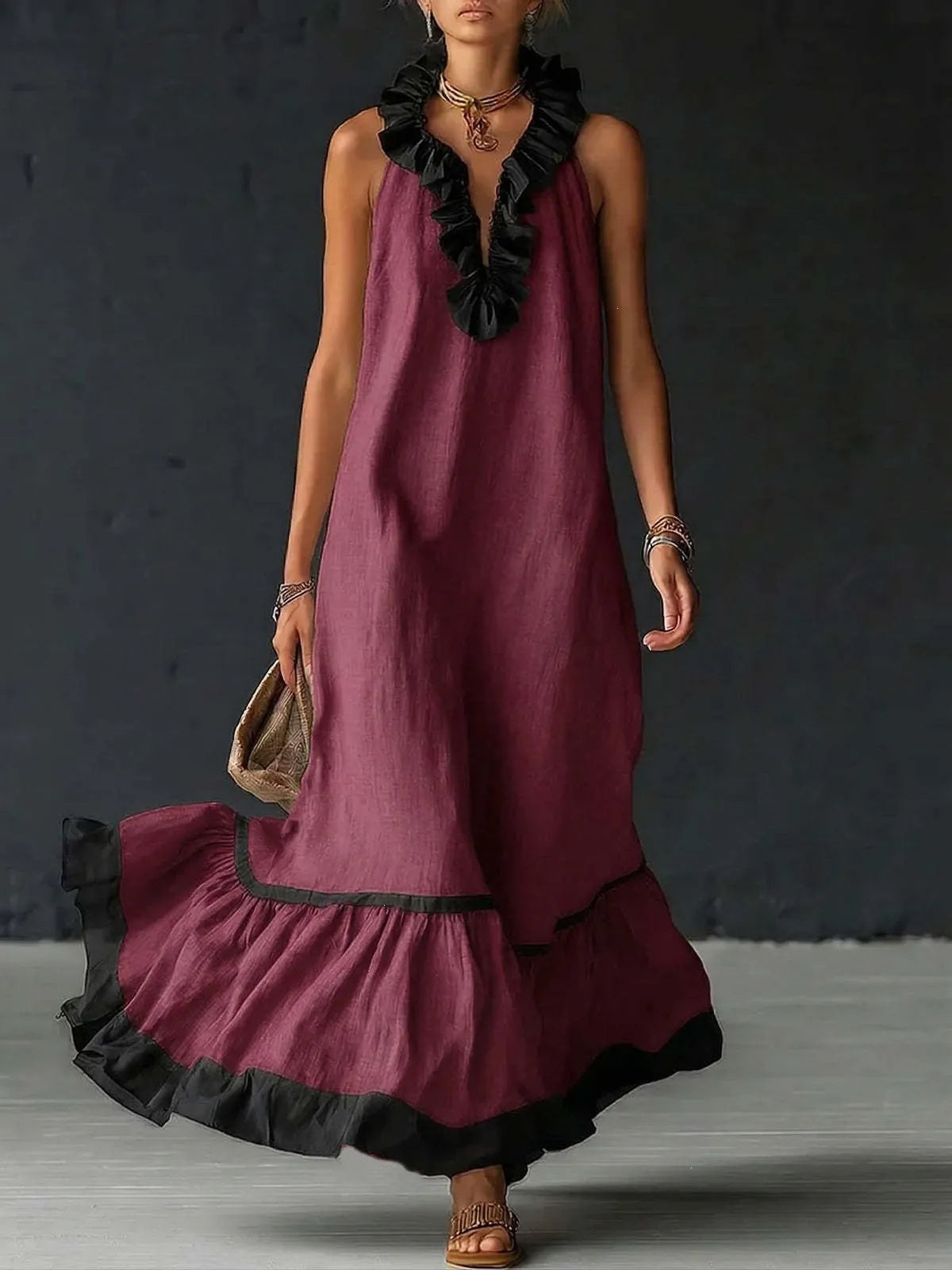 Contrast Ruffle V-Neck Sleeveless Maxi Dress