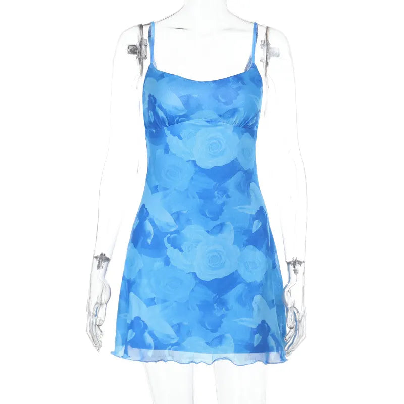 Blue Floral Mesh Mini Dress