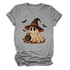 Halloween Ghost Witch Bat Print Crew Neck Short Sleeve T‑Shirt