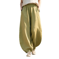Matching Flowy Linen Elastic Drawstring Waist Spliced Retro Zen Loose Harem Long Casual Daily Outfit Pants