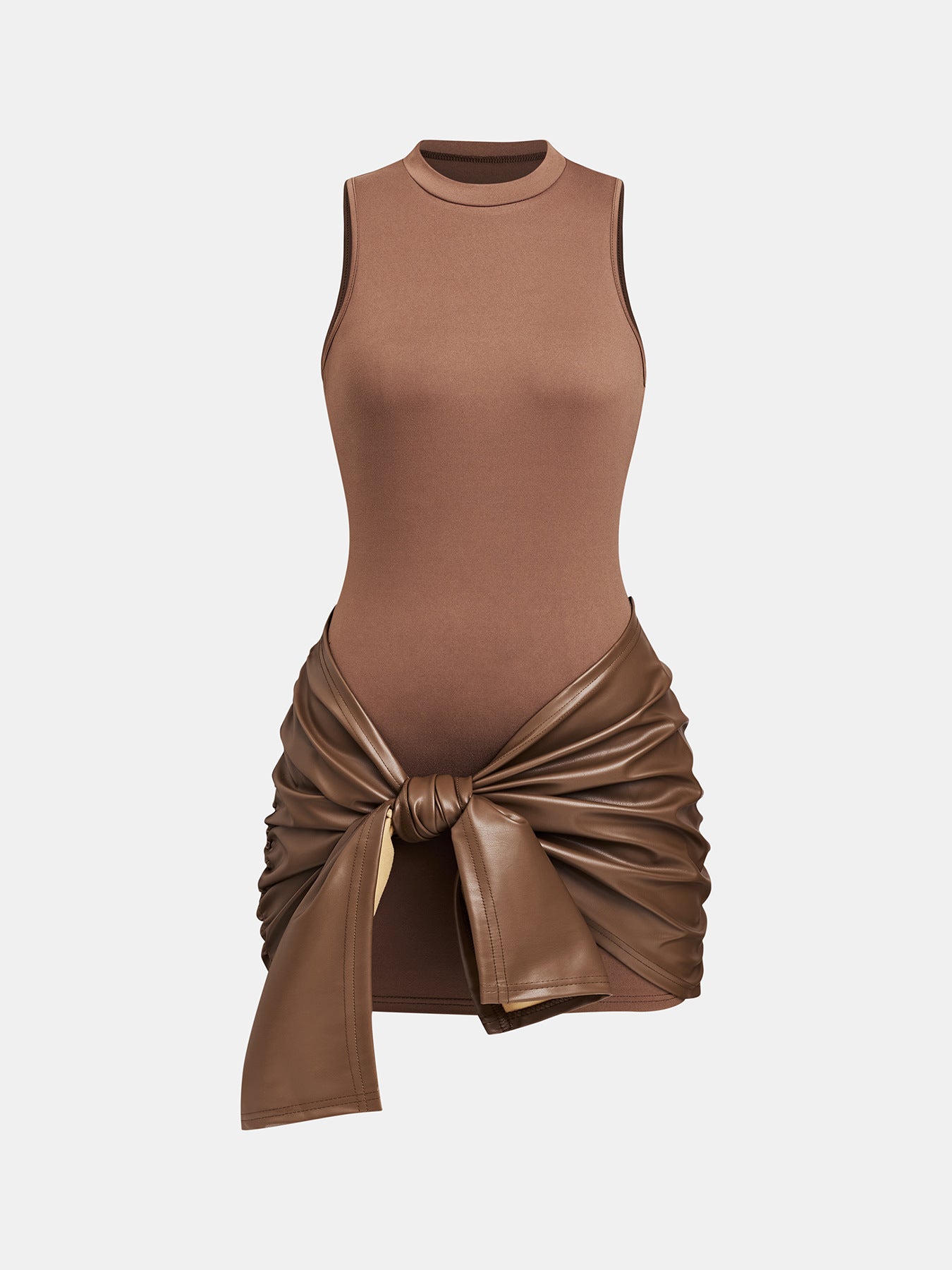 Mock Neck Bodycon Dress, Faux Leather Wrap Tie Detail Mini Dress