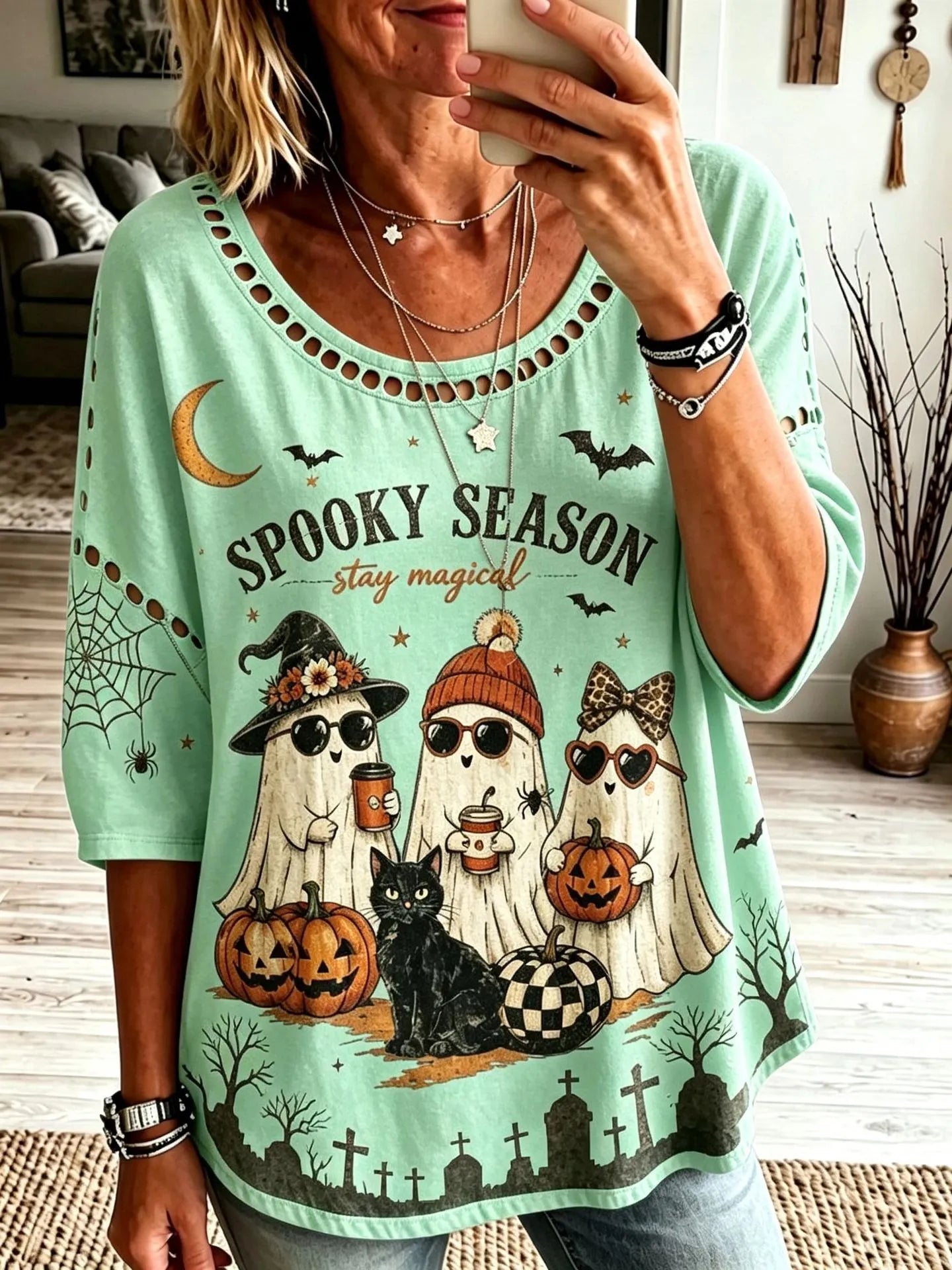 Halloween Spooky Season Ghost Pumpkin Print Crew Neck Short Sleeve T‑Shirt