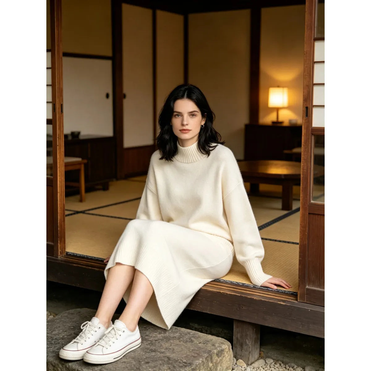 Solid Half Turtleneck Knit Sweater And Midi Skirt Two Piece Casual Set