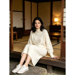 Solid Half Turtleneck Knit Sweater And Midi Skirt Two Piece Casual Set
