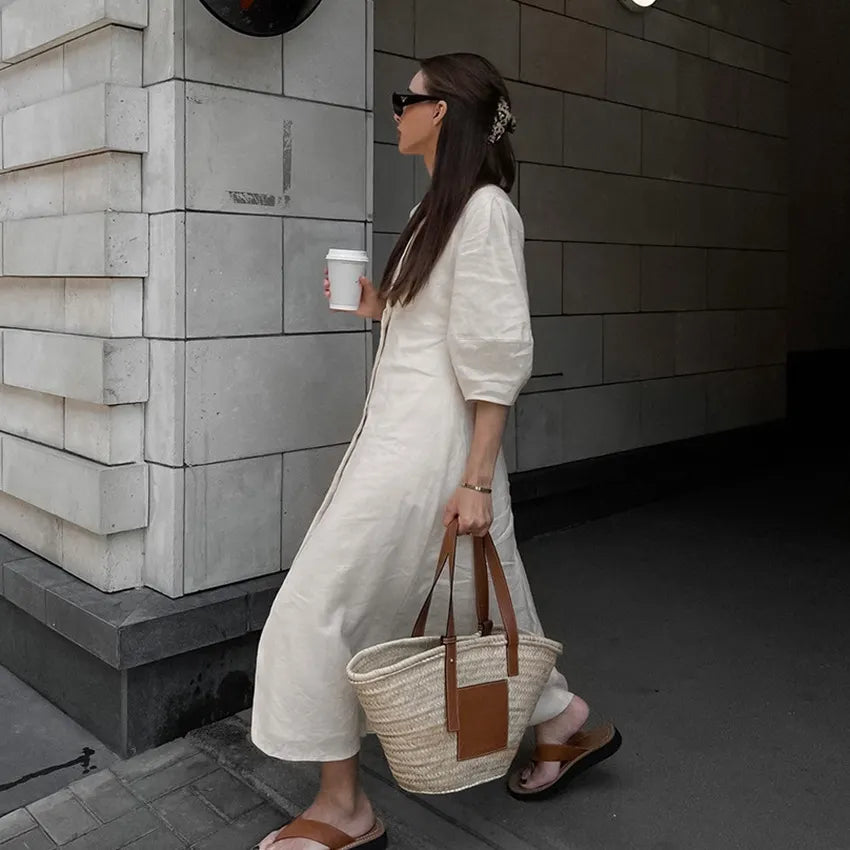 Solid V-Neck Bubble 3/4 Sleeve Single Breasted Back Tie A-Line Cotton Linen Maxi Dress