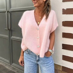 Pink Fuzzy Short-Sleeve Knit Sweater