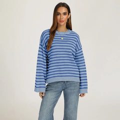 Bold Stripe Knit Pullover Crew Neck Drop Shoulder Loose Fit Fall Sweater