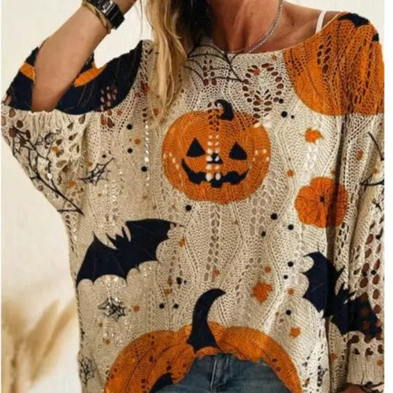 Halloween Pumpkin Bat Crew Neck Sweater