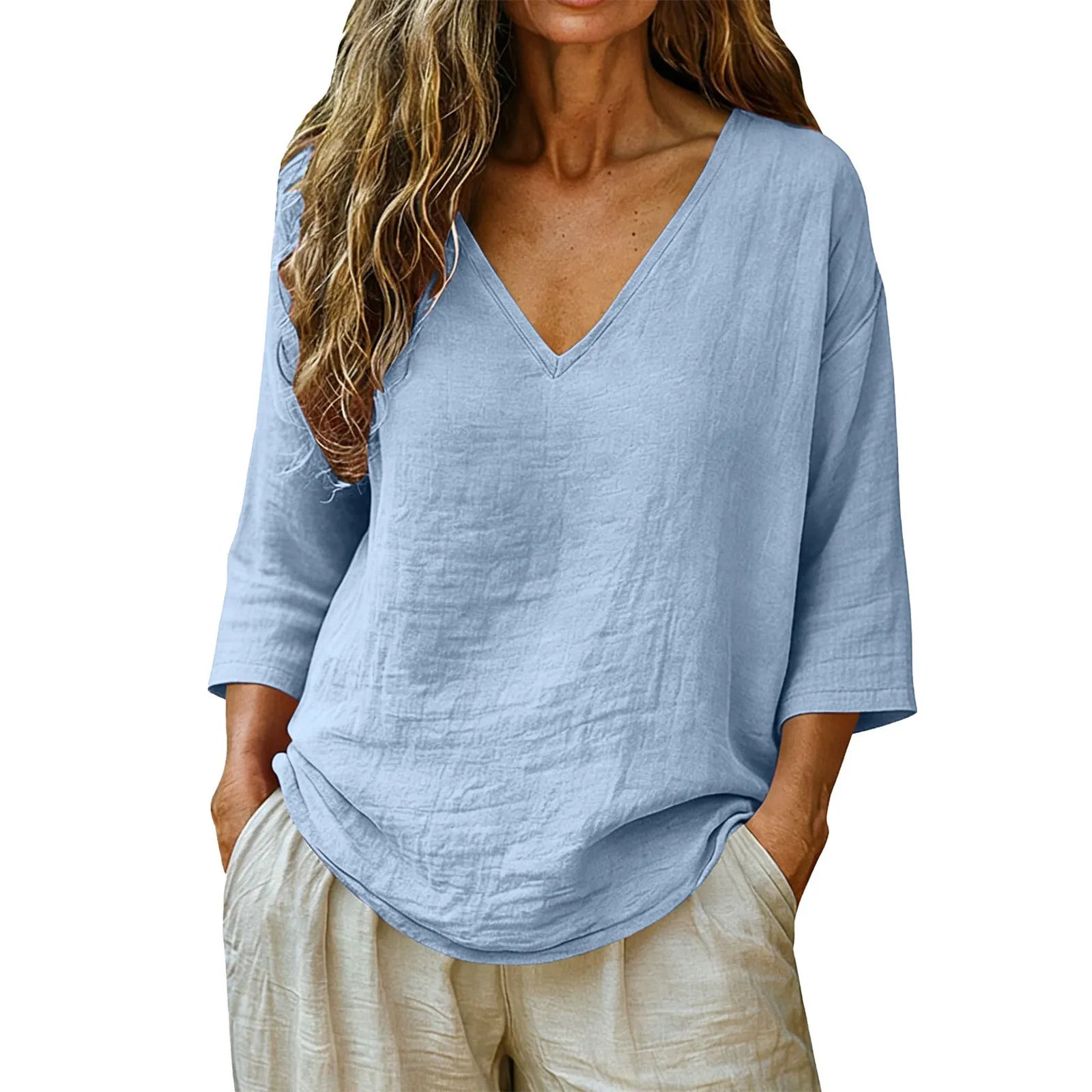 V-Neck Solid Color Loose Three-Quarter Sleeve Casual Polyester Tee