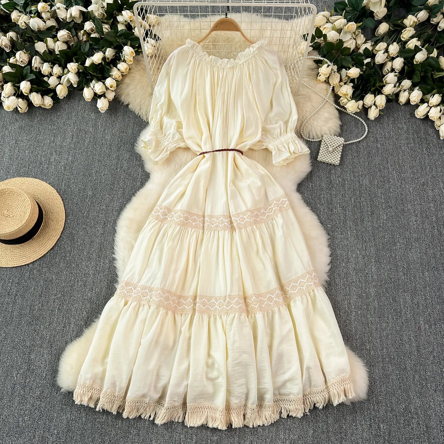Ruffled Neck Drawstring Waist Lace Panel Tassel Hem Tiered Maxi Dress