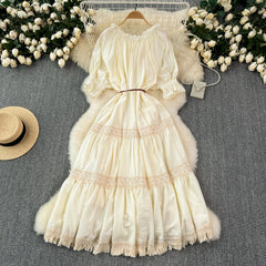 Ruffled Neck Drawstring Waist Lace Panel Tassel Hem Tiered Maxi Dress