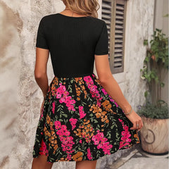 Color Block Floral U-Neck Short Sleeve A-Line Mini Dress High Waist Casual Campus Daily Dress