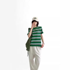 Round Neck Colorful Striped Loose Short Sleeve Cotton T-Shirt