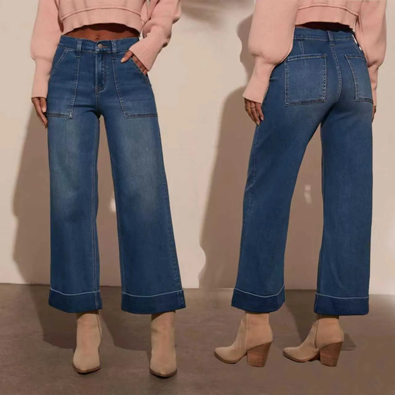 Casual Patch Pocket Wide Leg Denim Pants