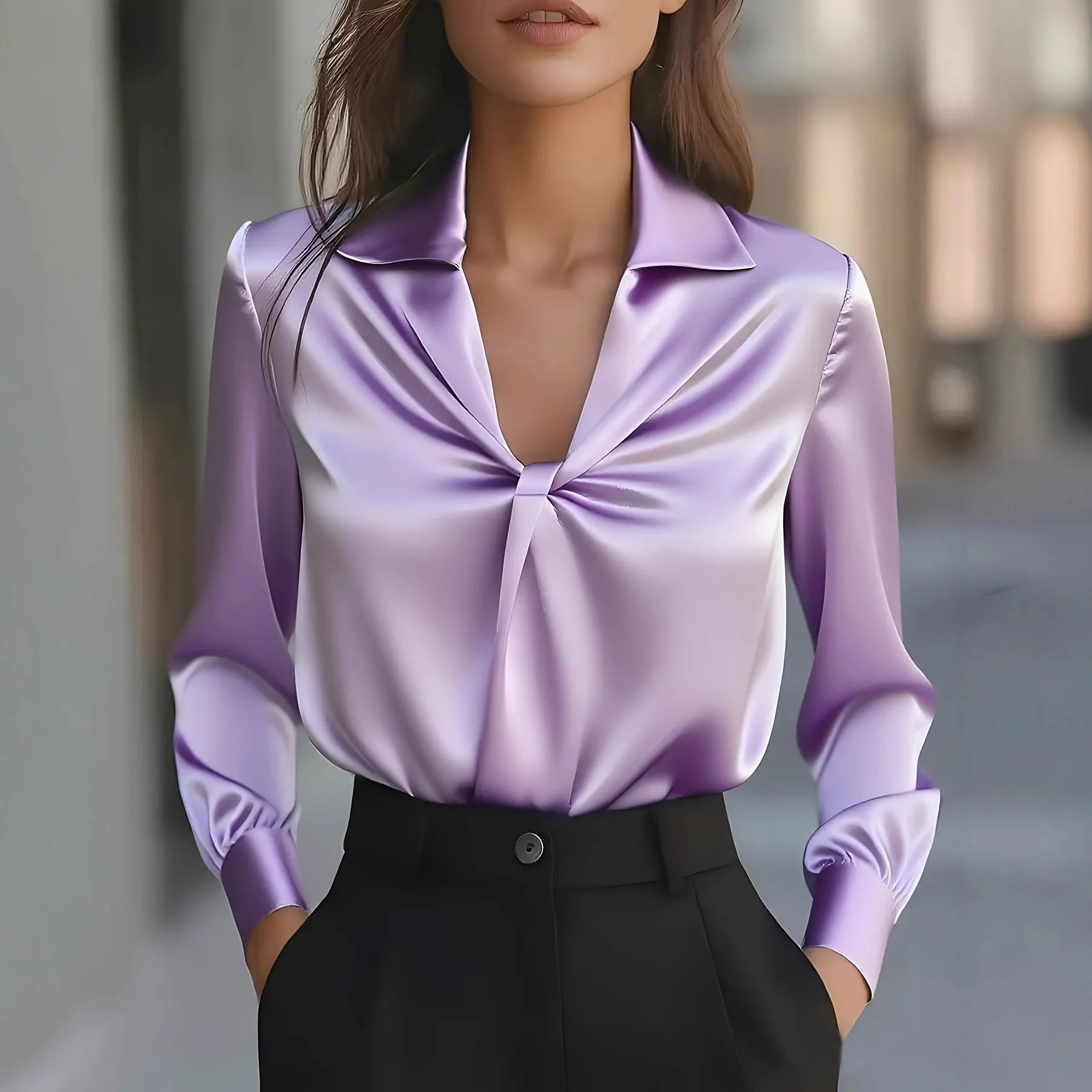 Solid Twisted Front Satin Long-Sleeve Blouse