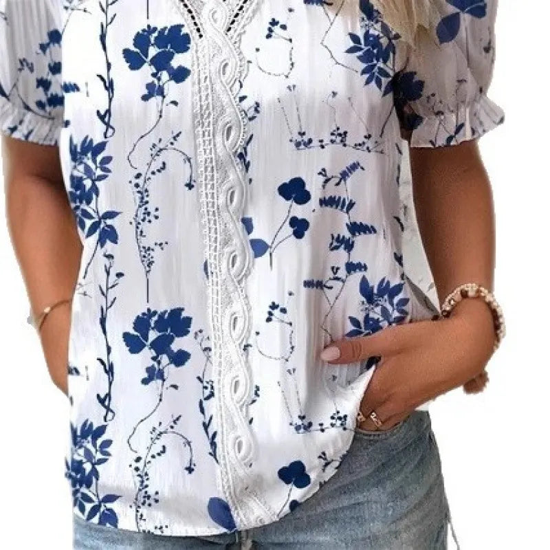 Floral Print Lace V-Neck Short Sleeve Casual Blouse