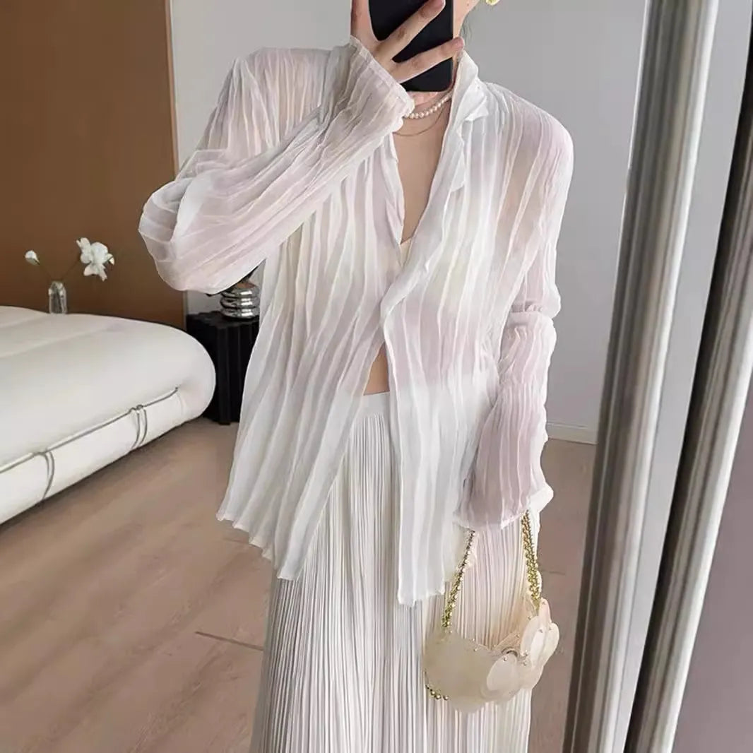Semi Open Collar One Button Crinkled Pleated Loose Long Sleeve Shirt