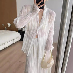 Semi Open Collar One Button Crinkled Pleated Loose Long Sleeve Shirt