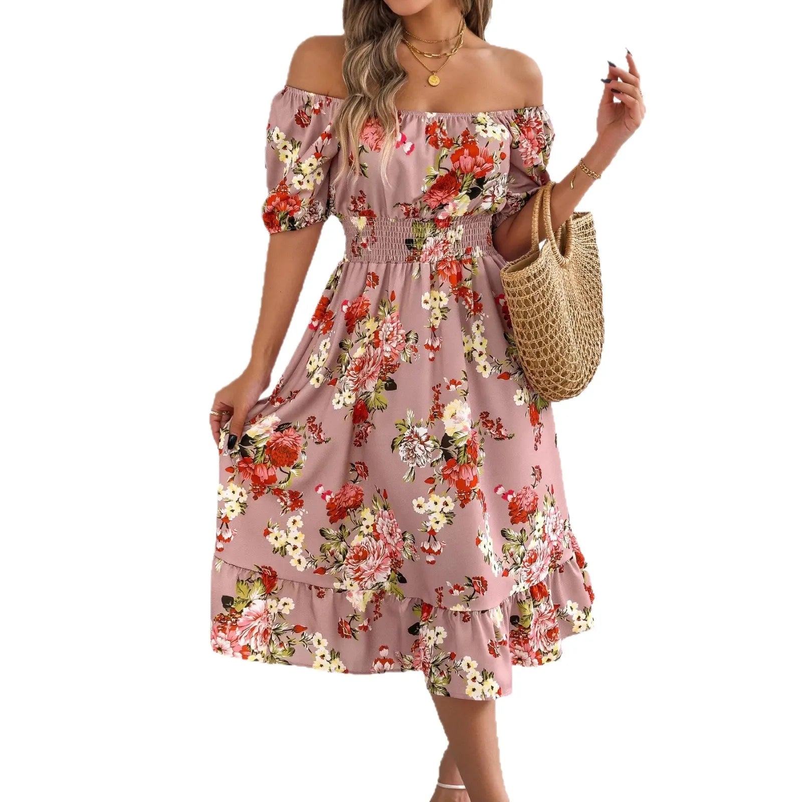 Square Neck Puff Sleeve Floral Print Smocked Waist A-Line Midi Dress