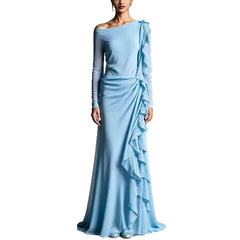White Off Shoulder Long Sleeve Mermaid Maxi Dress With Cascading Ruffles