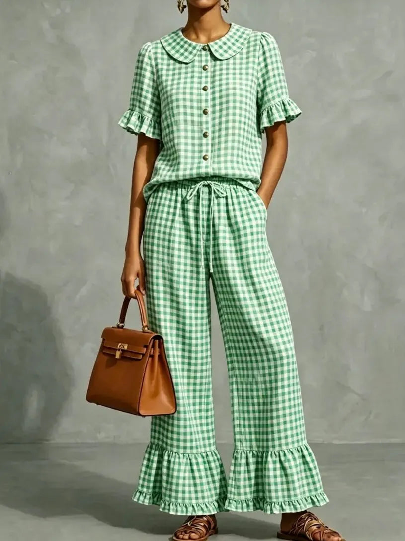 Gingham Peter Pan Collar Ruffle Short Sleeve Top & Flared Pants Two Piece Set