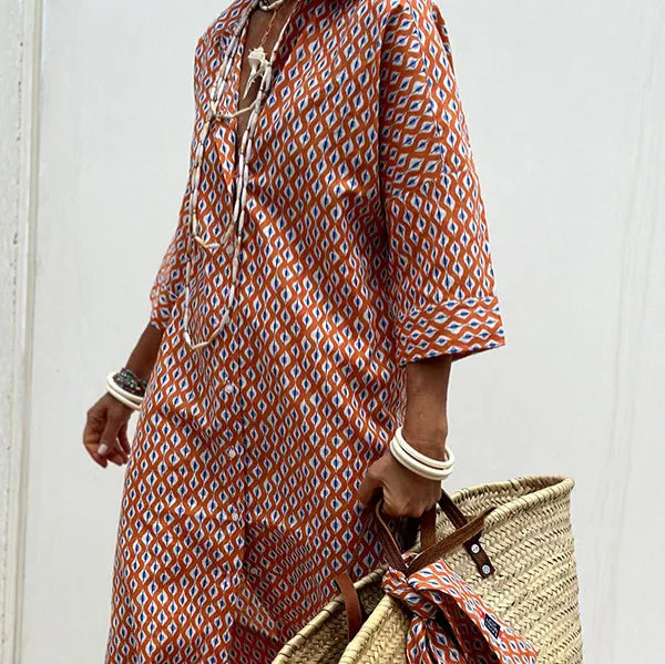 Lapel Five-Quarter Sleeve Printed Loose Maxi Dress Ethnic Travel Shirt Dress
