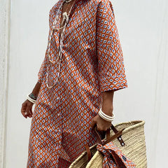 Lapel Five-Quarter Sleeve Printed Loose Maxi Dress Ethnic Travel Shirt Dress