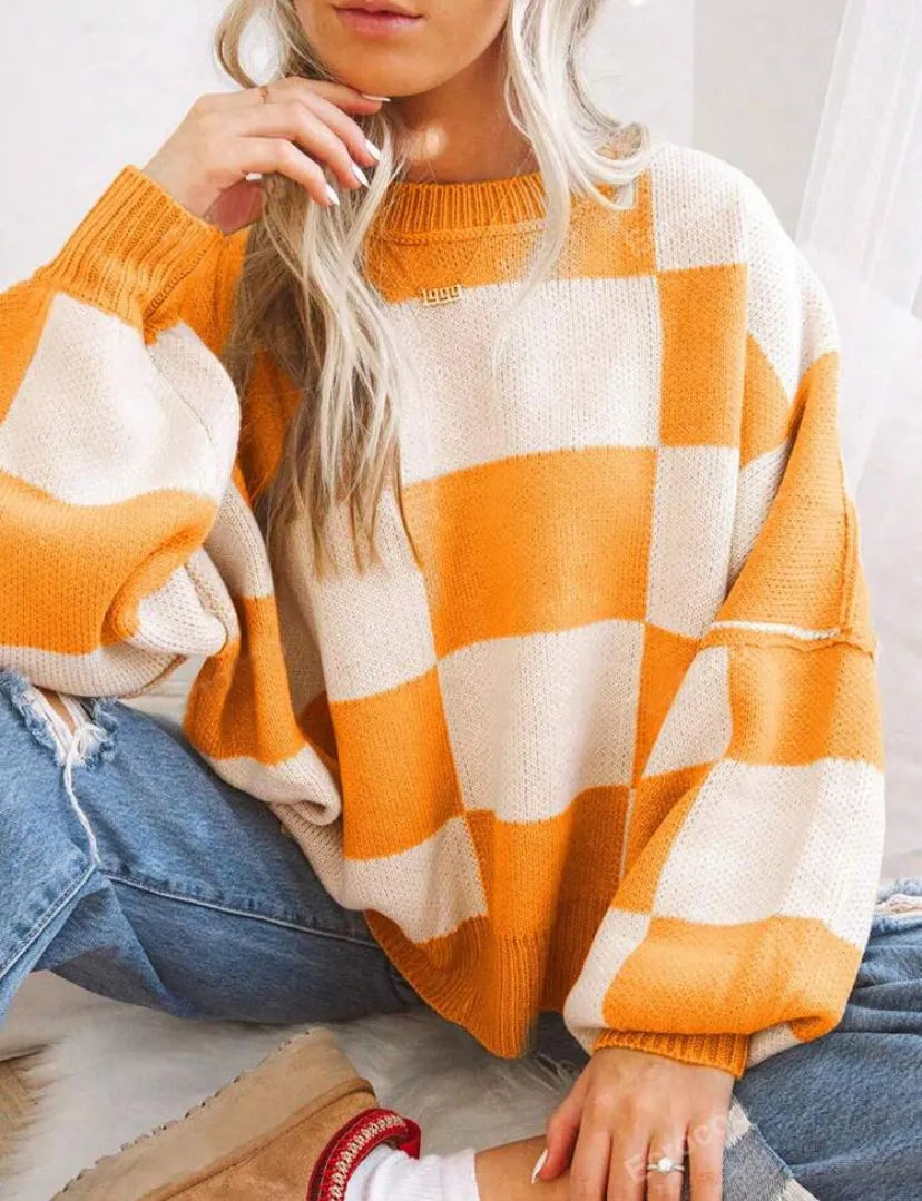 Checkerboard Color Block Crew Neck Loose Pullover Sweater