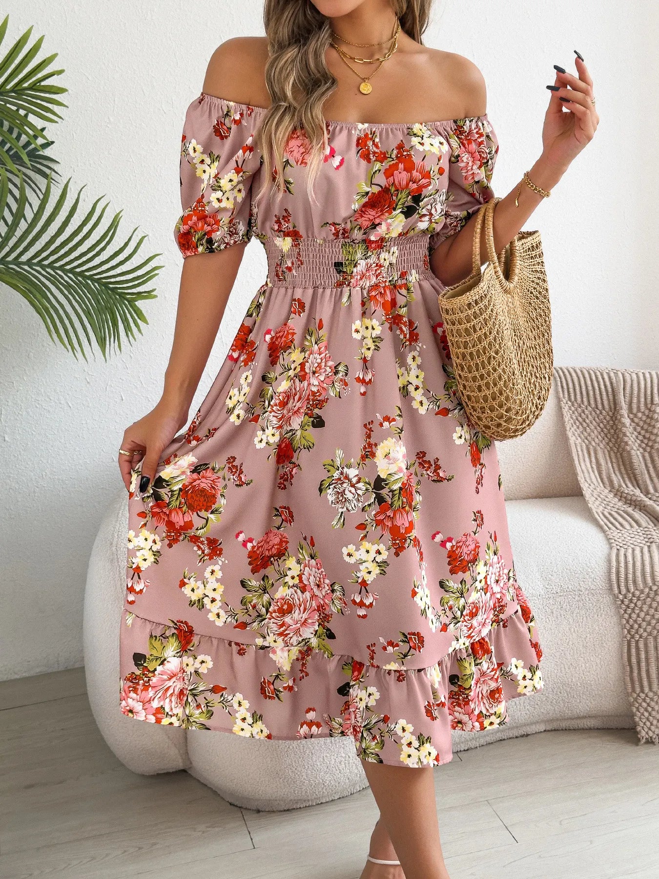 Square Neck Puff Sleeve Floral Print Smocked Waist A-Line Midi Dress