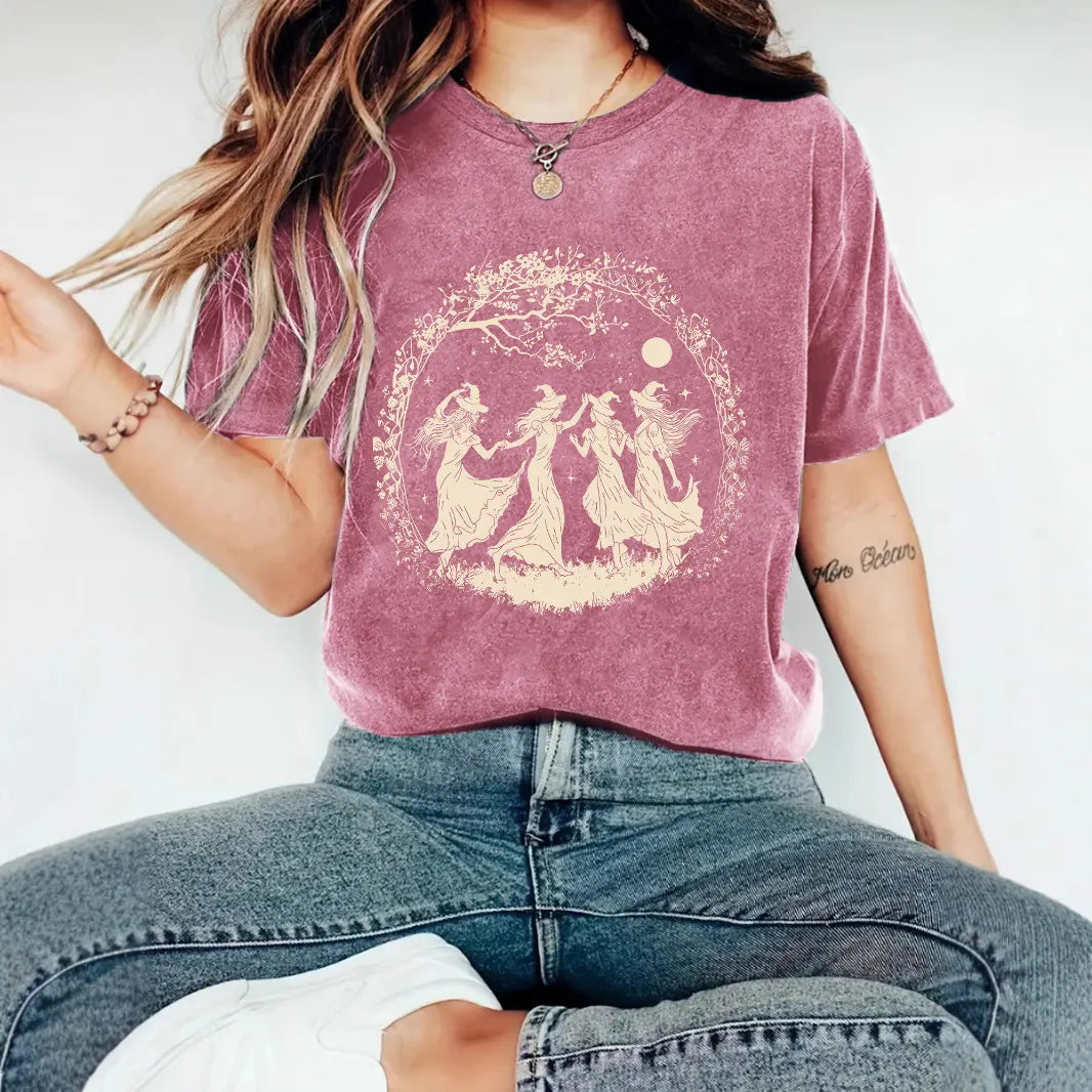 Halloween Witch Moon Floral Print Crew Neck Short Sleeve T‑Shirt