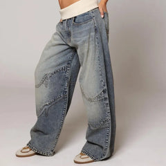 Curved Stitch Patchwork Baggy Washed Jeans