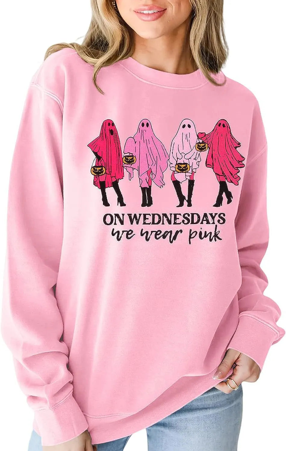 Halloween Pink Ghost On Wednesdays We Wear Pink Print Crew Neck Sweatshirt