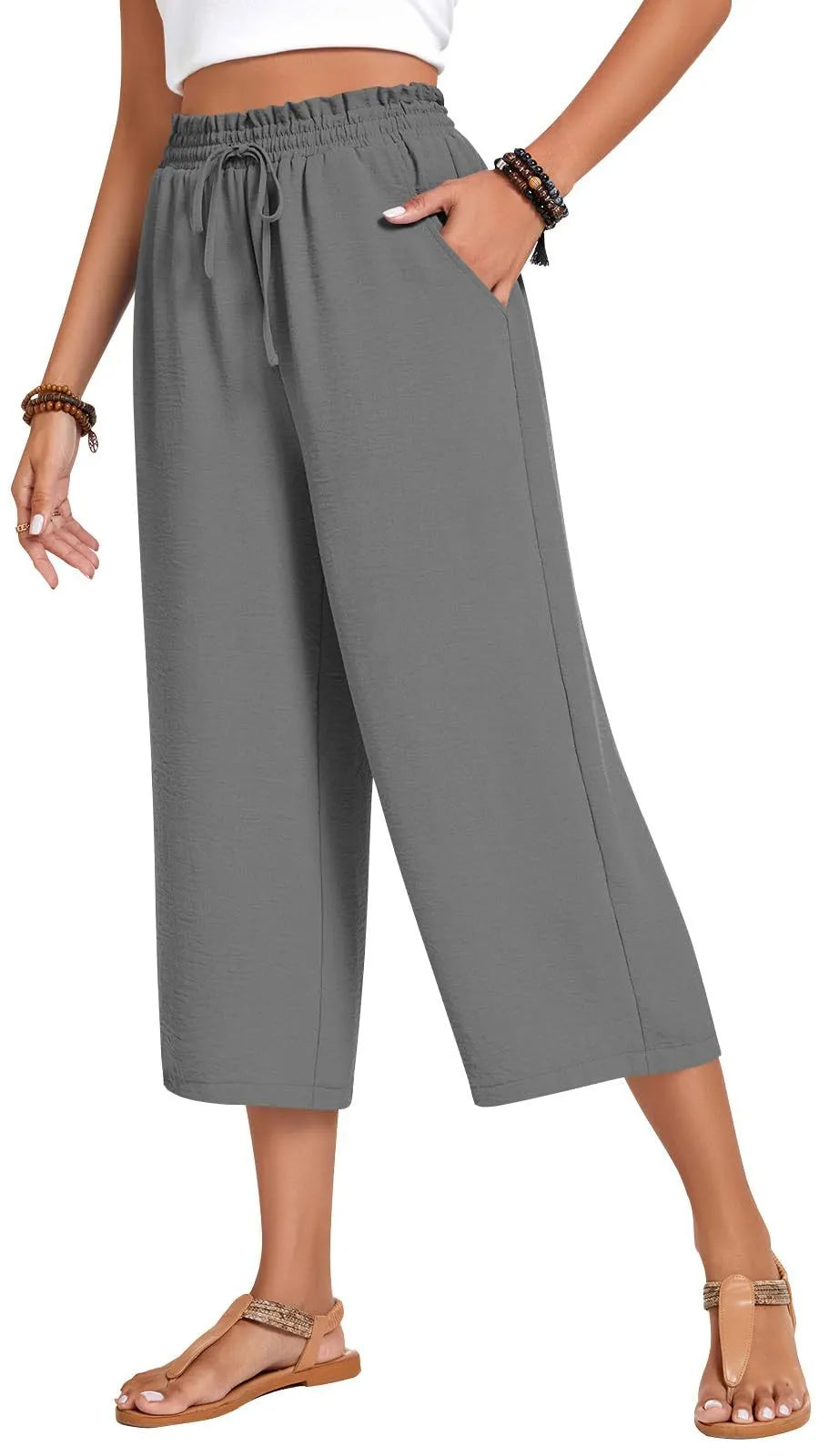 Matching Flowy Linen Look Floral Print Drawstring High Waist Loose Cropped Casual Daily Outfit Pants