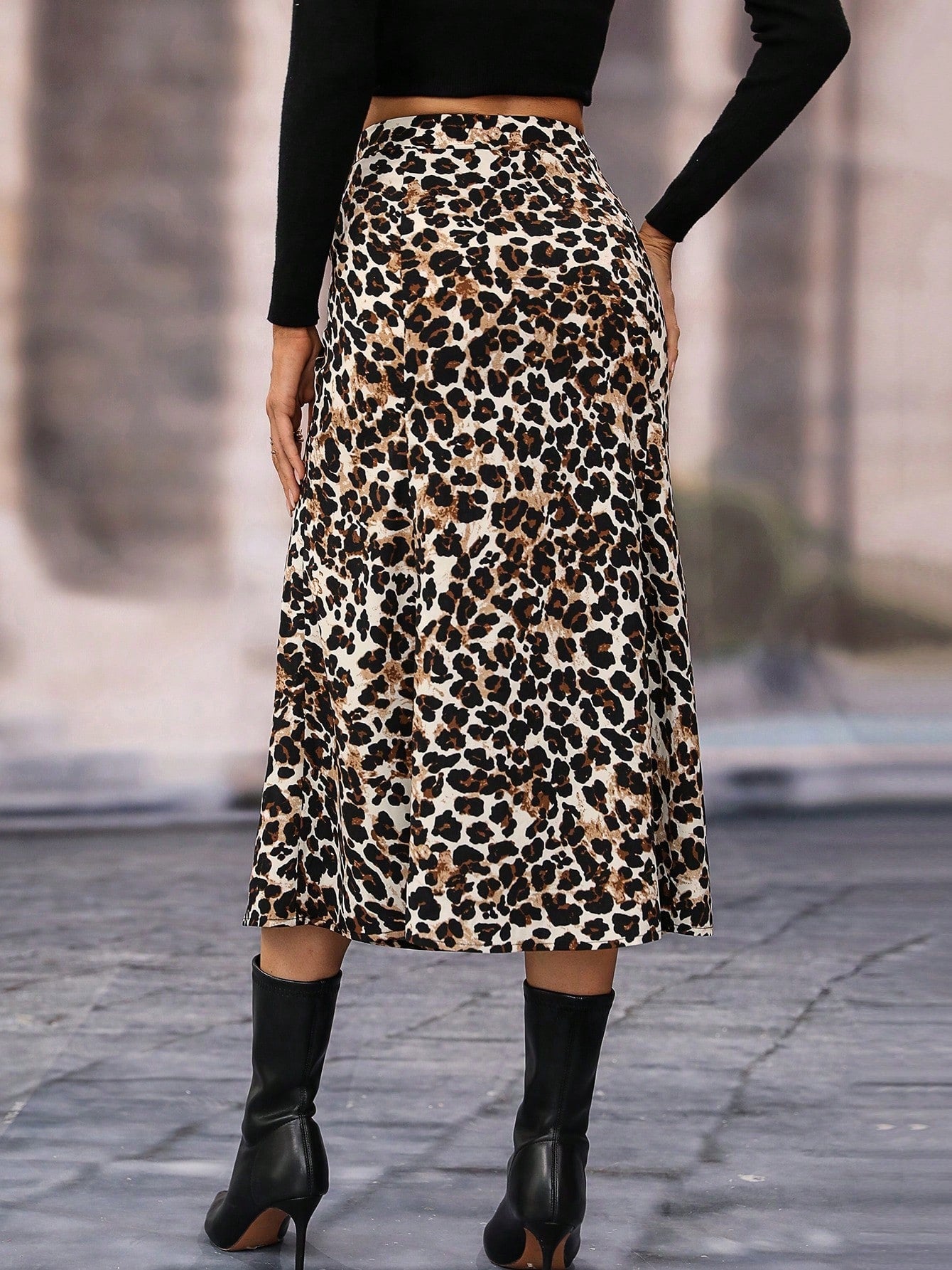 High Waist Leopard Print A-Line Midi Skirt