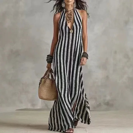 Striped Halter Neck Deep V-Neck Maxi Dress