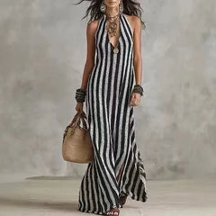 Striped Halter Neck Deep V-Neck Maxi Dress