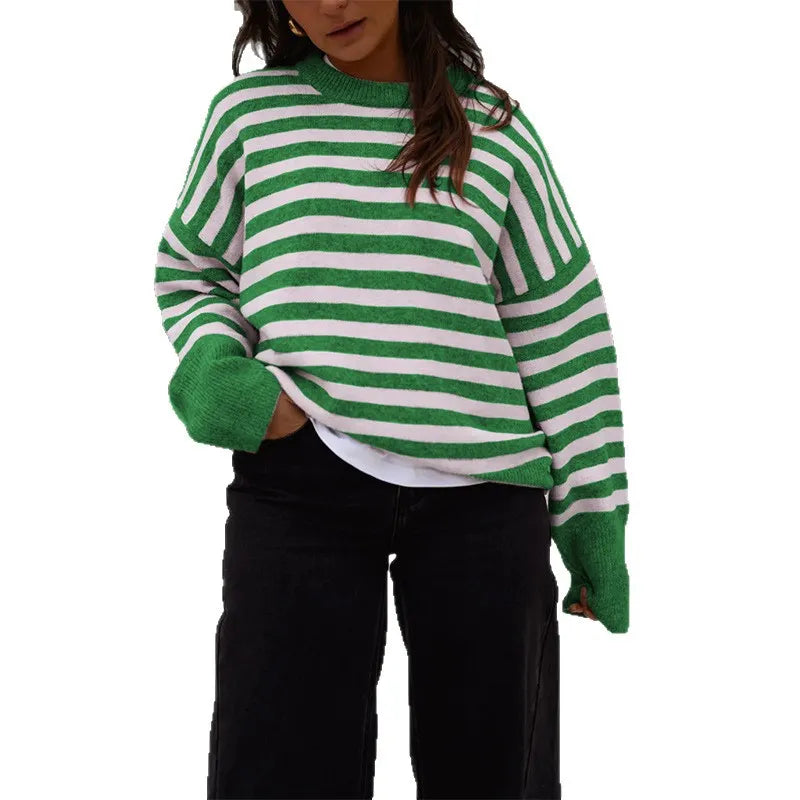 Bold Striped Loose Knit Jumper Crew Neck Drop Shoulder Casual Long Sleeve Sweater